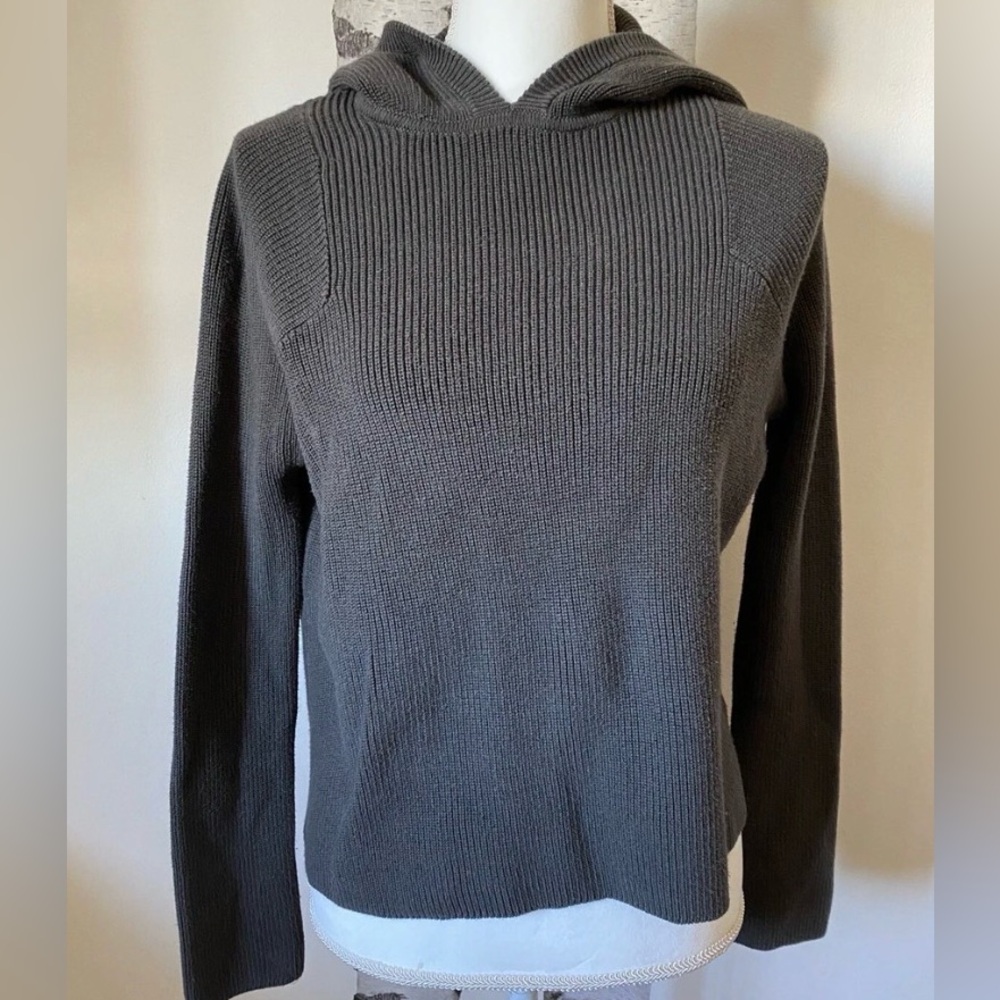 Athleta XS Rest Day Hoodie Sweater Dark Grey Pullover Ribbed Pima Cotton Silk